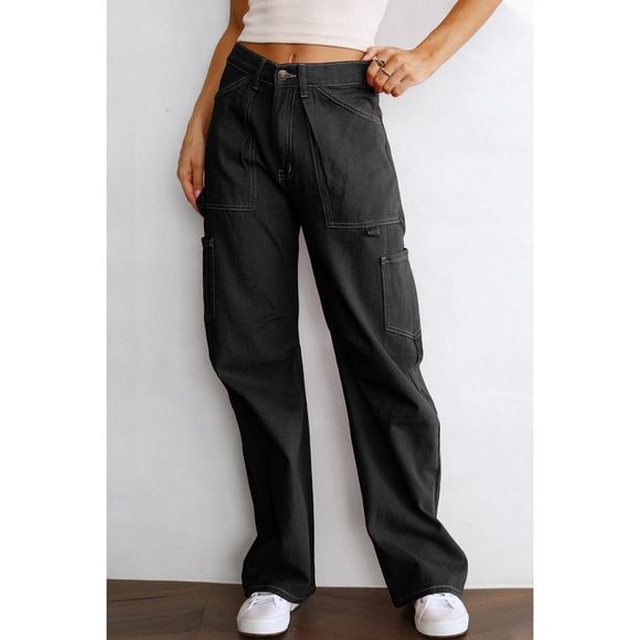 Azura Exchange  Black High Waist Straight Leg Cargo Pants with Pockets - Picture 8 of 15